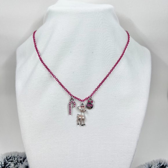 Rudolf, Candy Cane & BFF Enamel Charms 15” Pink Chain Necklace - Picture 2 of 7